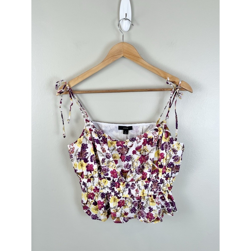 J. Crew‎ Ruffle Women's Sz Lg Tie-Shoulder Tank Top Summer Garden Floral Cropped